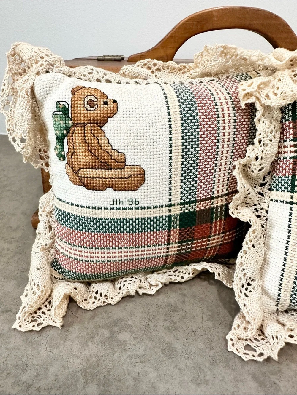 Vintage Handmade Plaid Decorative Cross Stitched Pillows Lace Trim Teddy Heart
